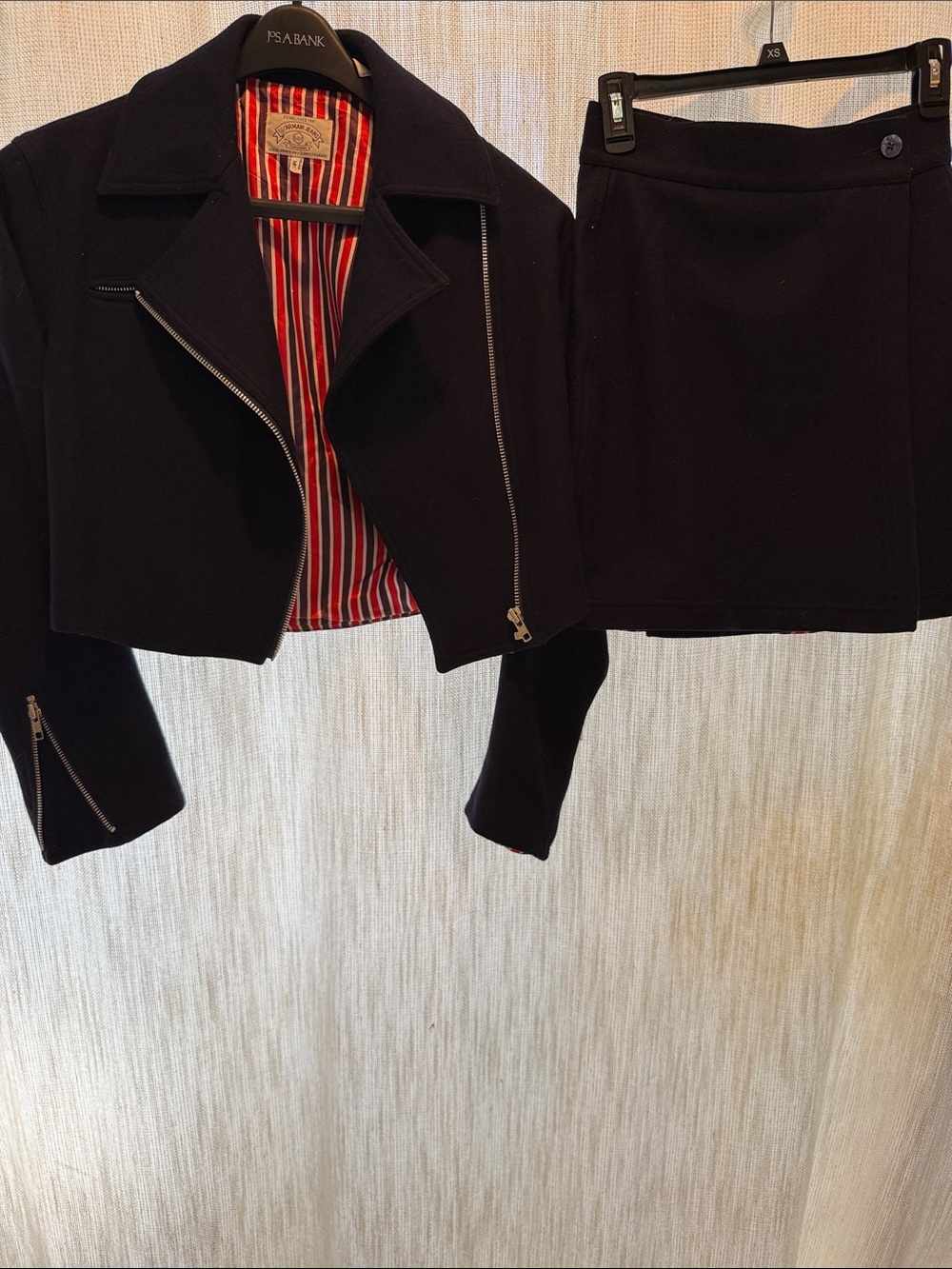 Armani Jeans Navy Wool Vintage Zip Moto Jacket Women L Zip Cuffs & mini skirt